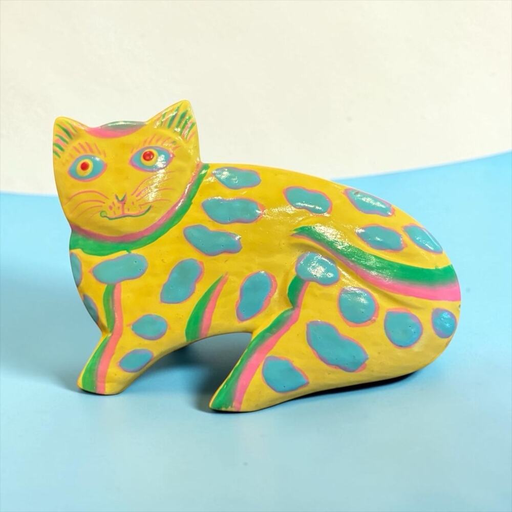 Funky 80s Neon Cat Brooch Hand Painted Wood Memphis Pop Art Pin